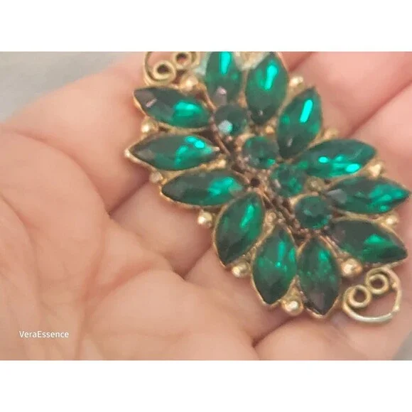 Rectangle Clear Green Victorian Revival Gold Toned Brooch Pin Vintage